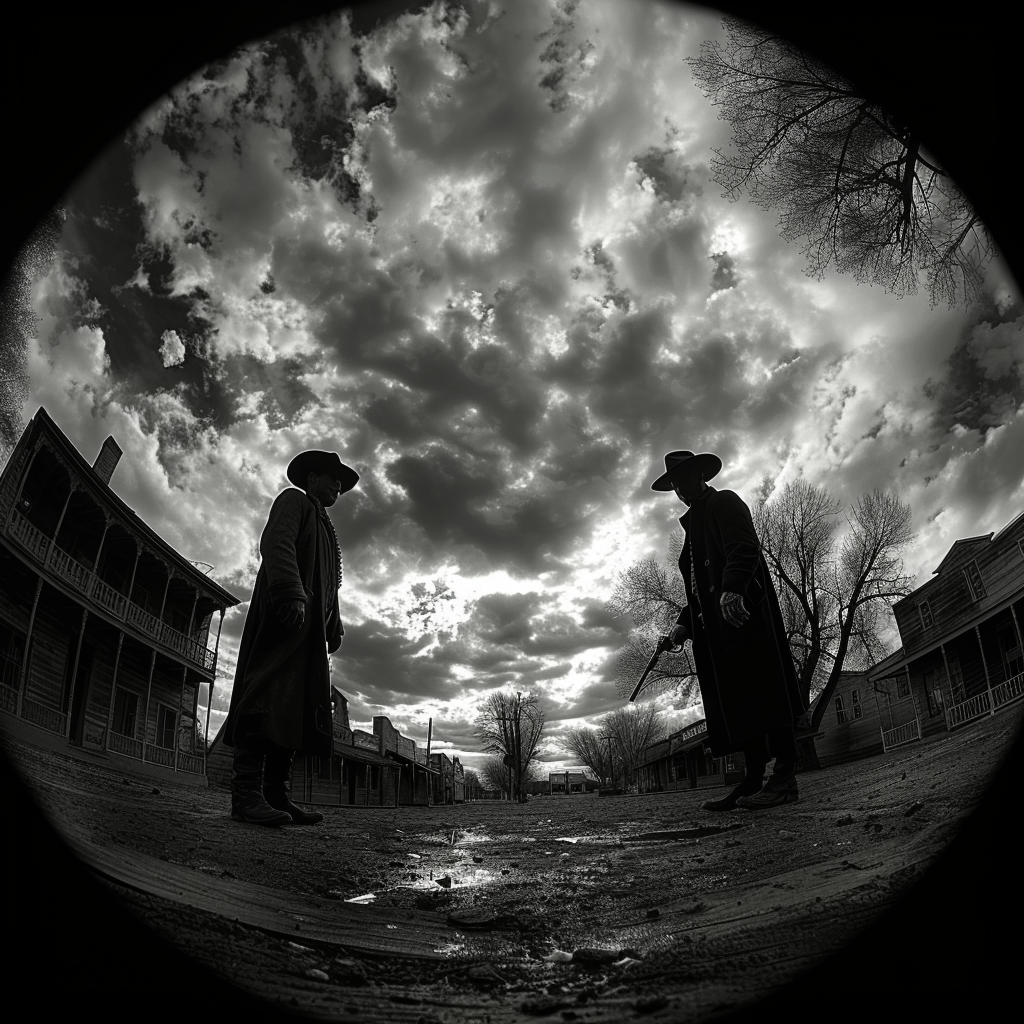 Gunfighters Face-off under Rain Clouds in Frontier Town