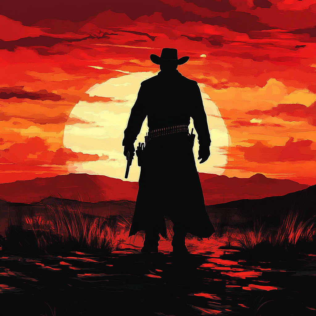 Gunslinger in sunset with revolvers and fiery sky.