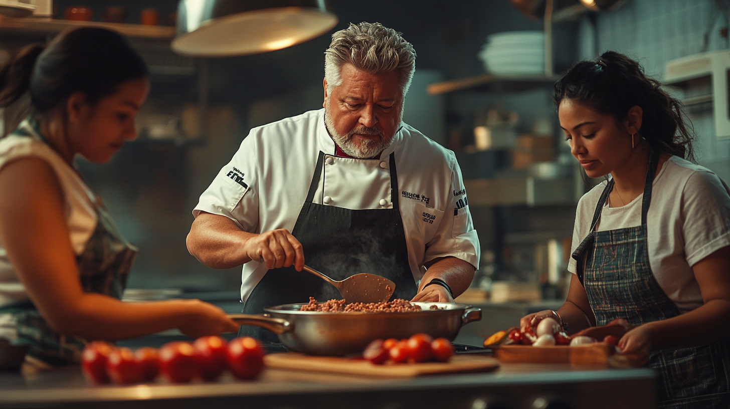 Guy Fieri Cooking Show with Team in Kitchen