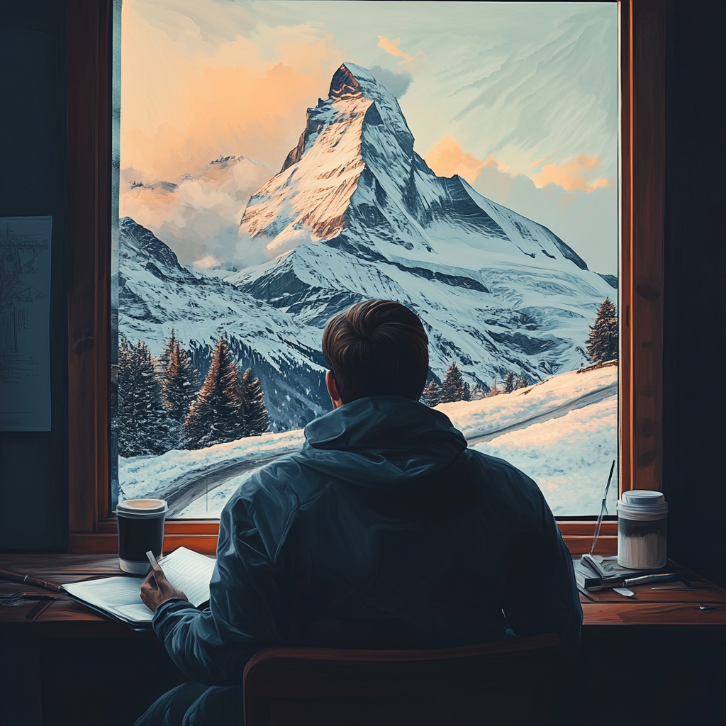 Guy studying in room with big window, drinking coffee.