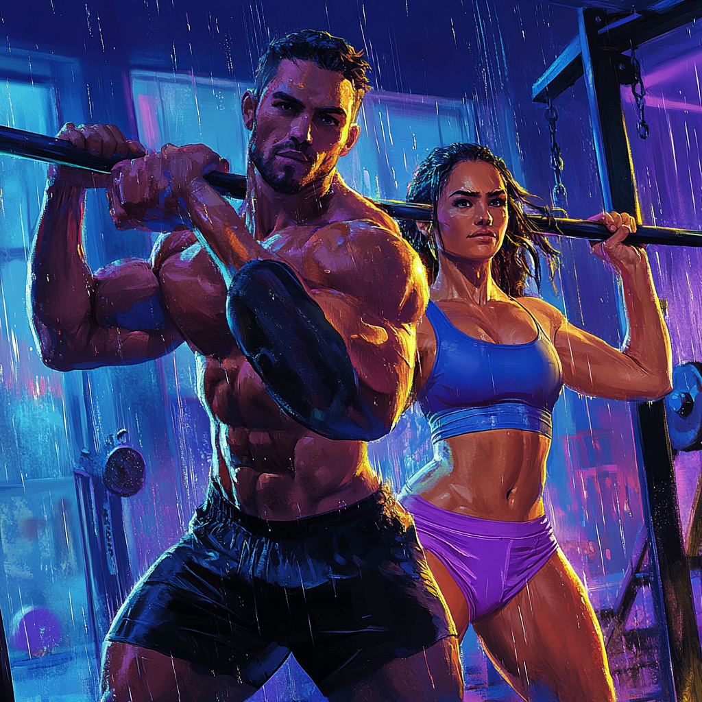 Gym scene with man and woman lifting weights.