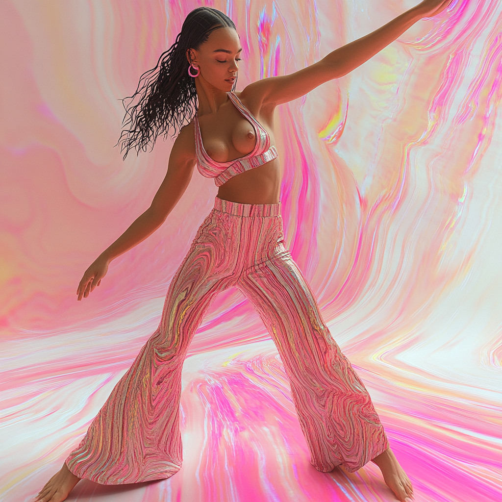 HD photo of model in PINK dancing to music.