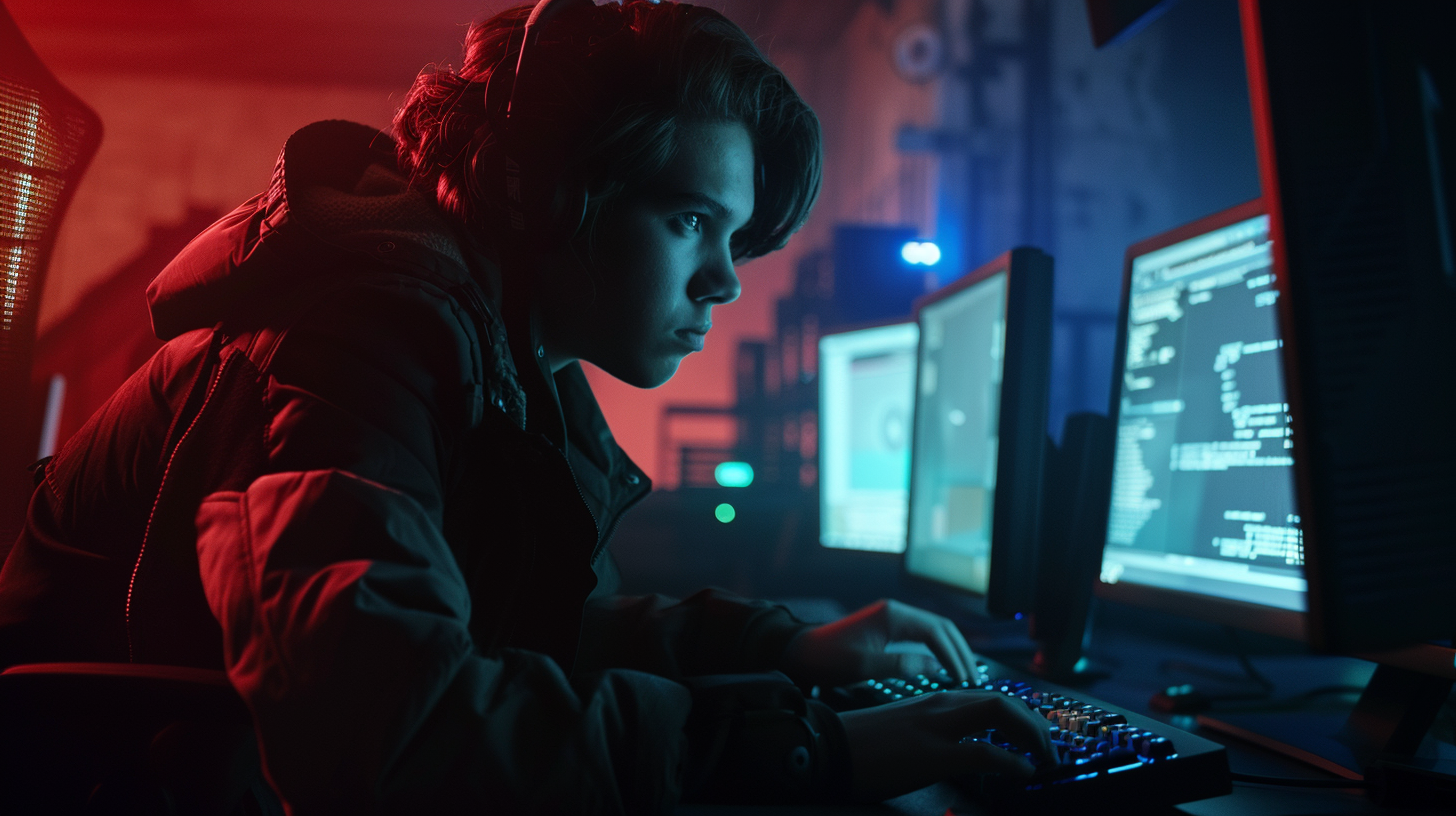 Hacker in dark office, determined expression, pressing keyboard.