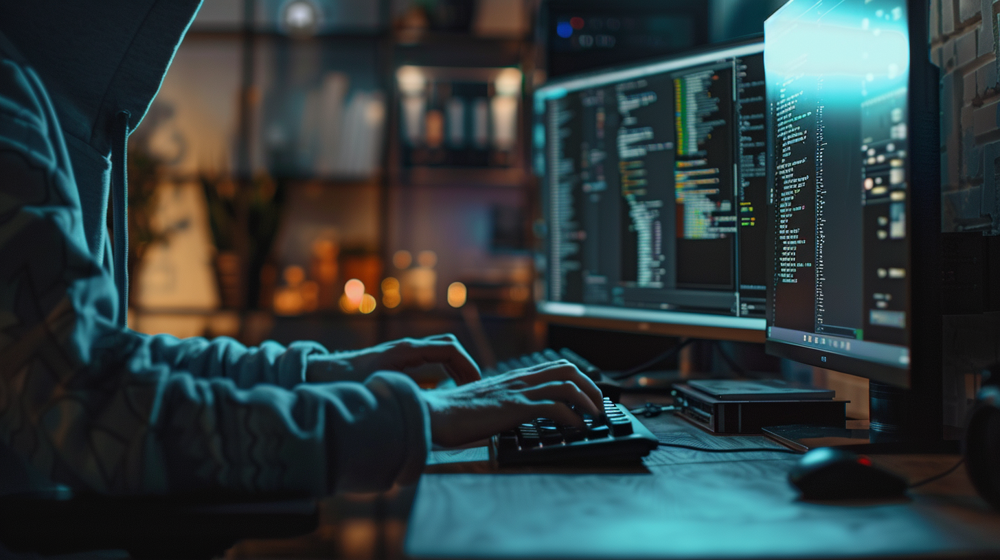 Hacker typing on keyboard, surrounded by computer screens.