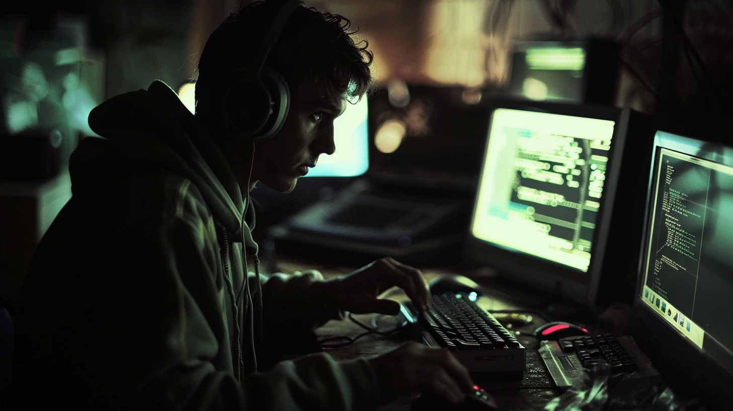 Hacker with determined face presses key on keyboard.