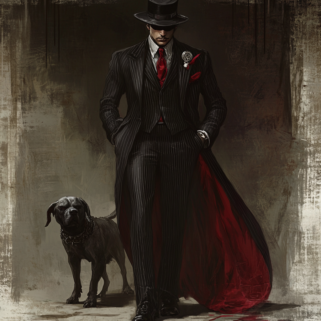 Hades as gangster in pinstripe suit with dog.