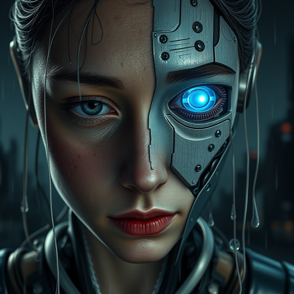 Half Human, Half Robot Portrait in Futuristic City