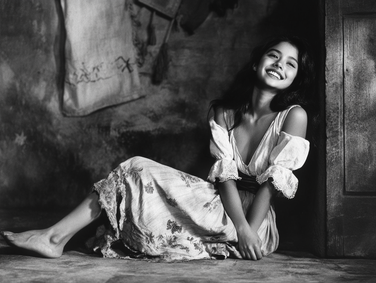 Half-Korean Selena Gomez, smiling in peasant skirt, black&white 1994.