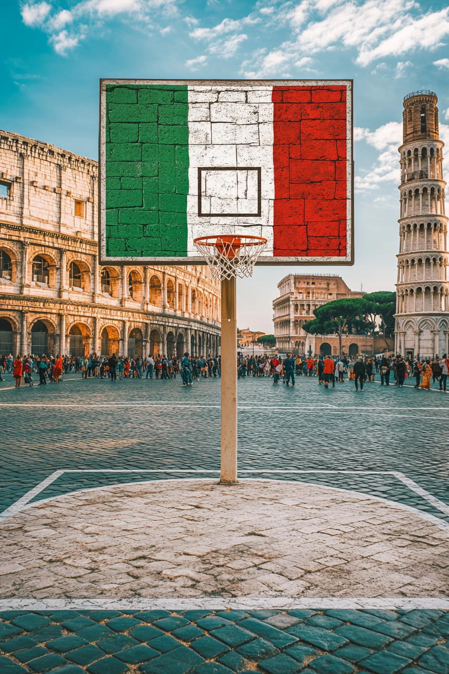 Half-court basketball scene with Italian flag backboard, landmarks.