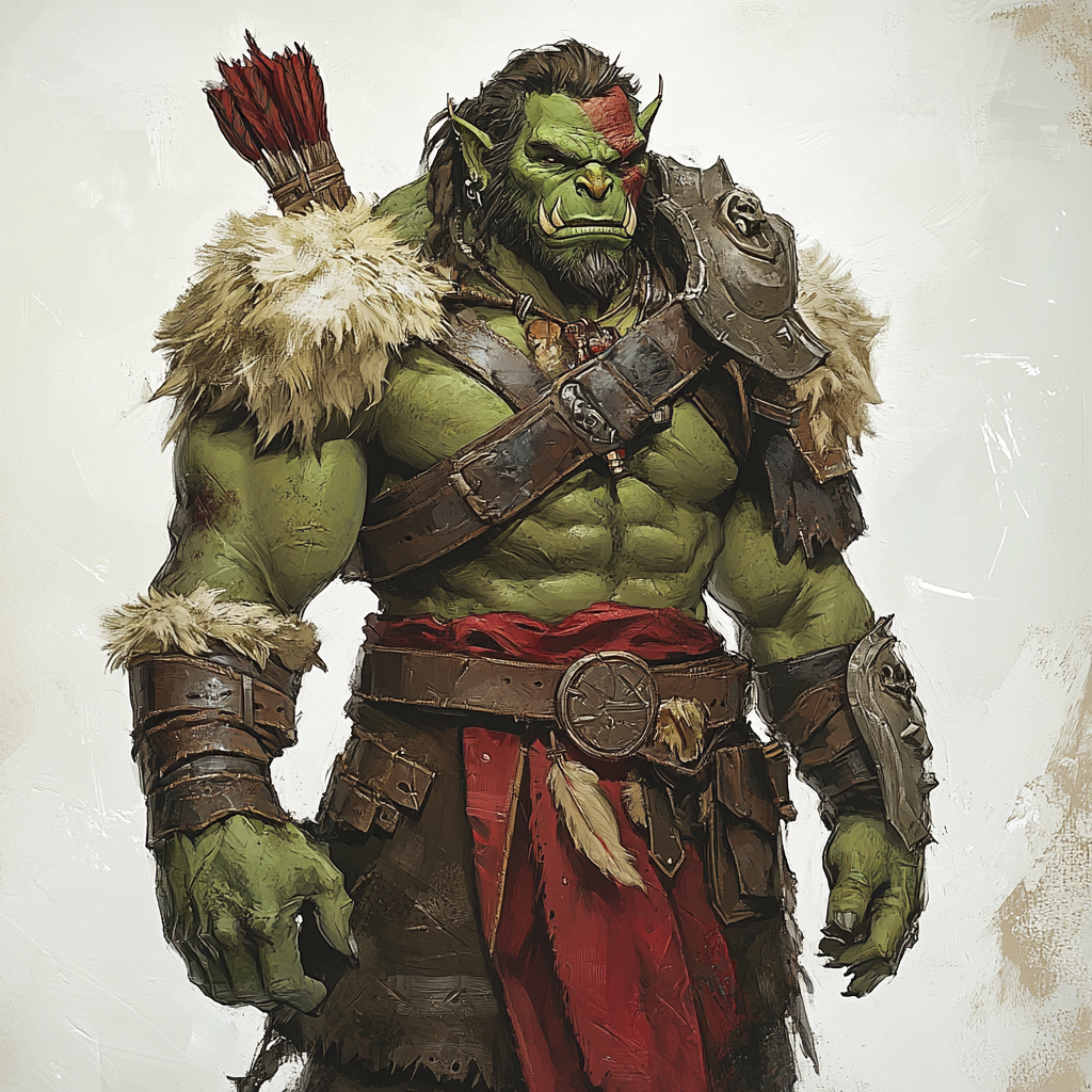 Half-orc warrior in red sashes with fur.