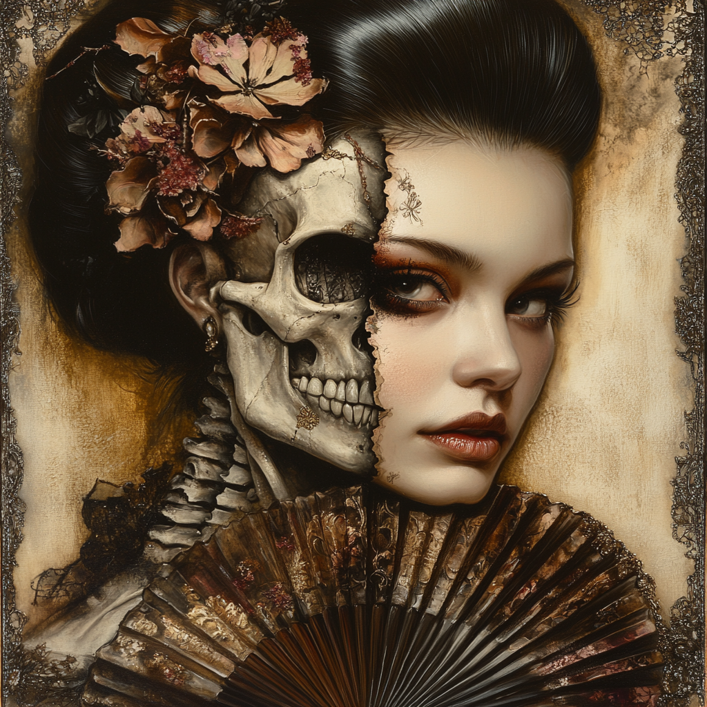 Half-skeleton half-human geisha portrait with fan and sword