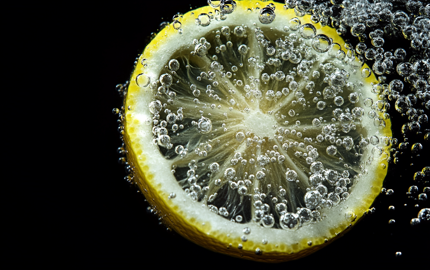 Half slice lemon in sparkling water, vibrant yellow contrast.