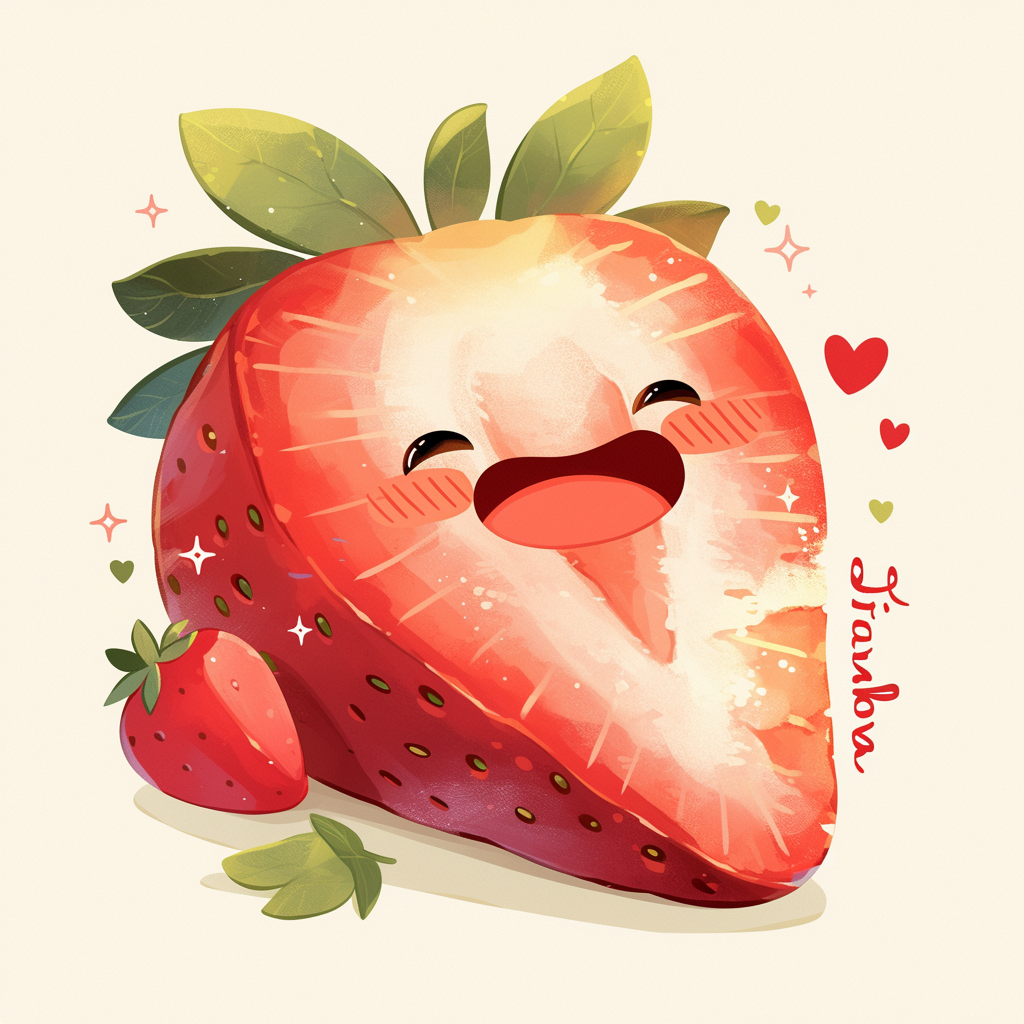 Half-strawberry sticker in cute digital artist style.