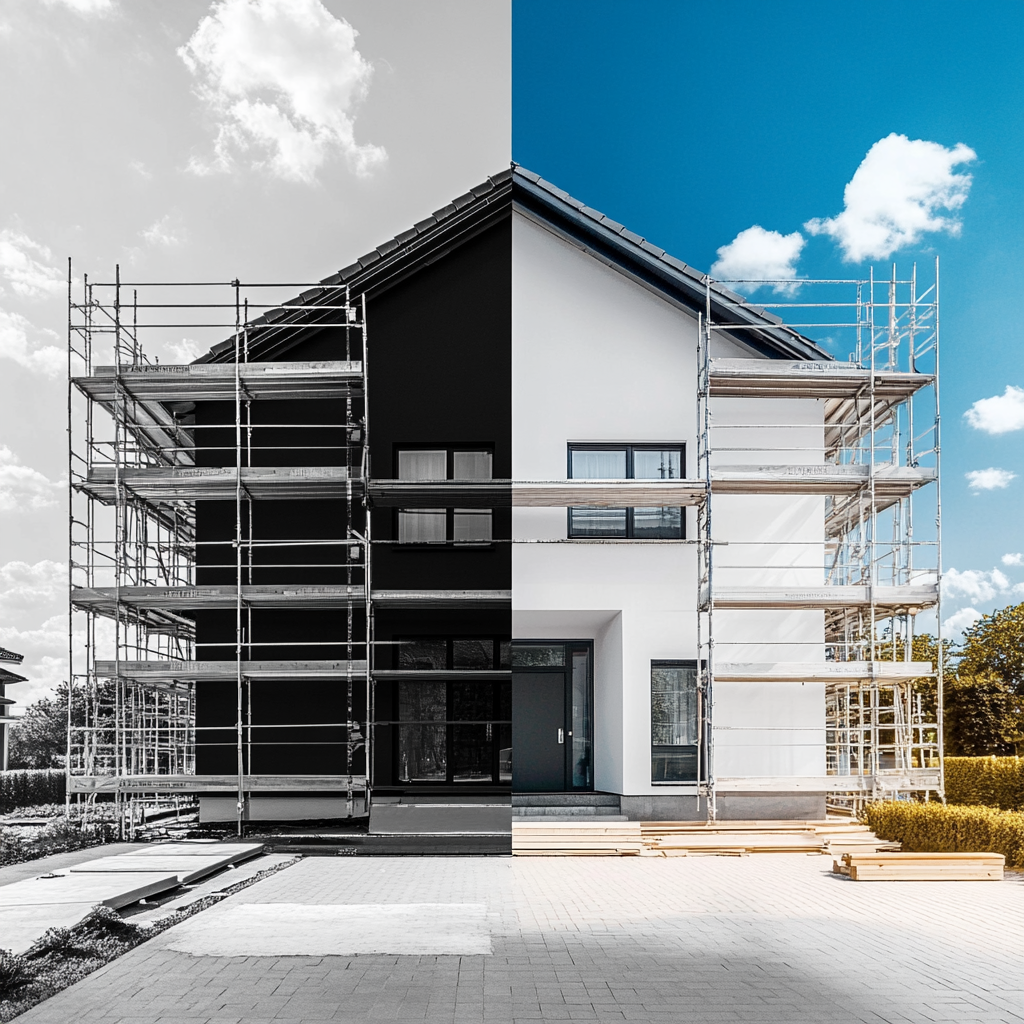 Half under construction, half modern house with vibrant colors