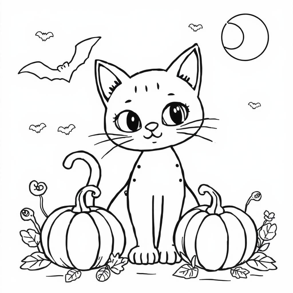 Halloween Coloring Pages with Cat and Pumpkins for Kids.