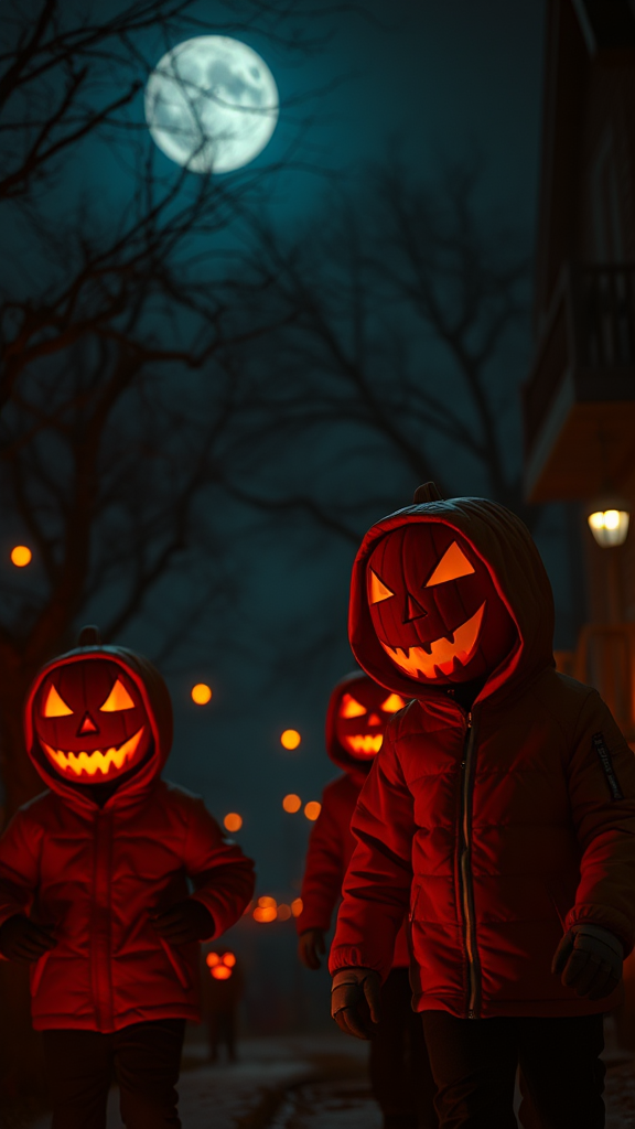 Halloween Night Trick or Treating with Jackolantern Pumpkin Head Kids