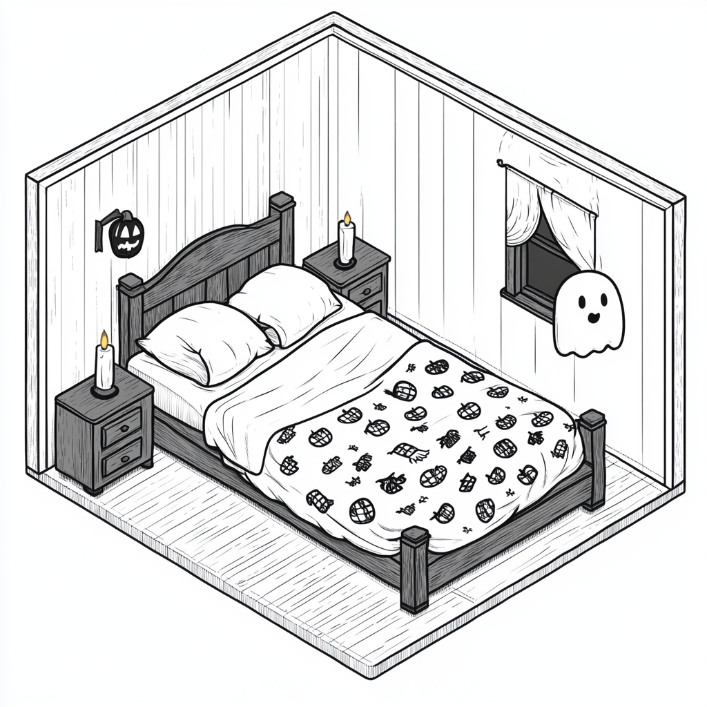 Halloween bedroom with pumpkin blanket, candle, friendly ghost, black.