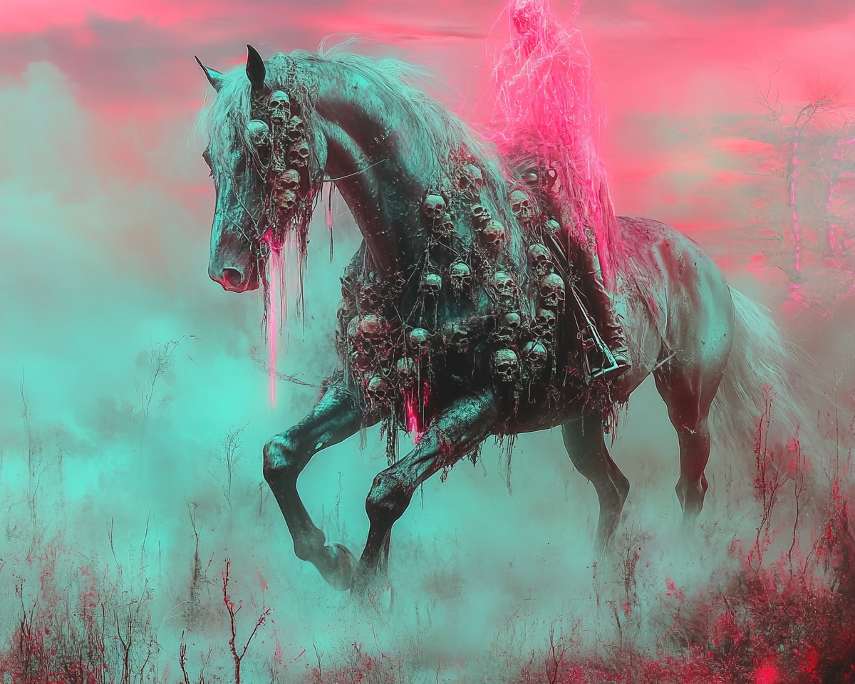 Halloween black horse with skulls moving towards you