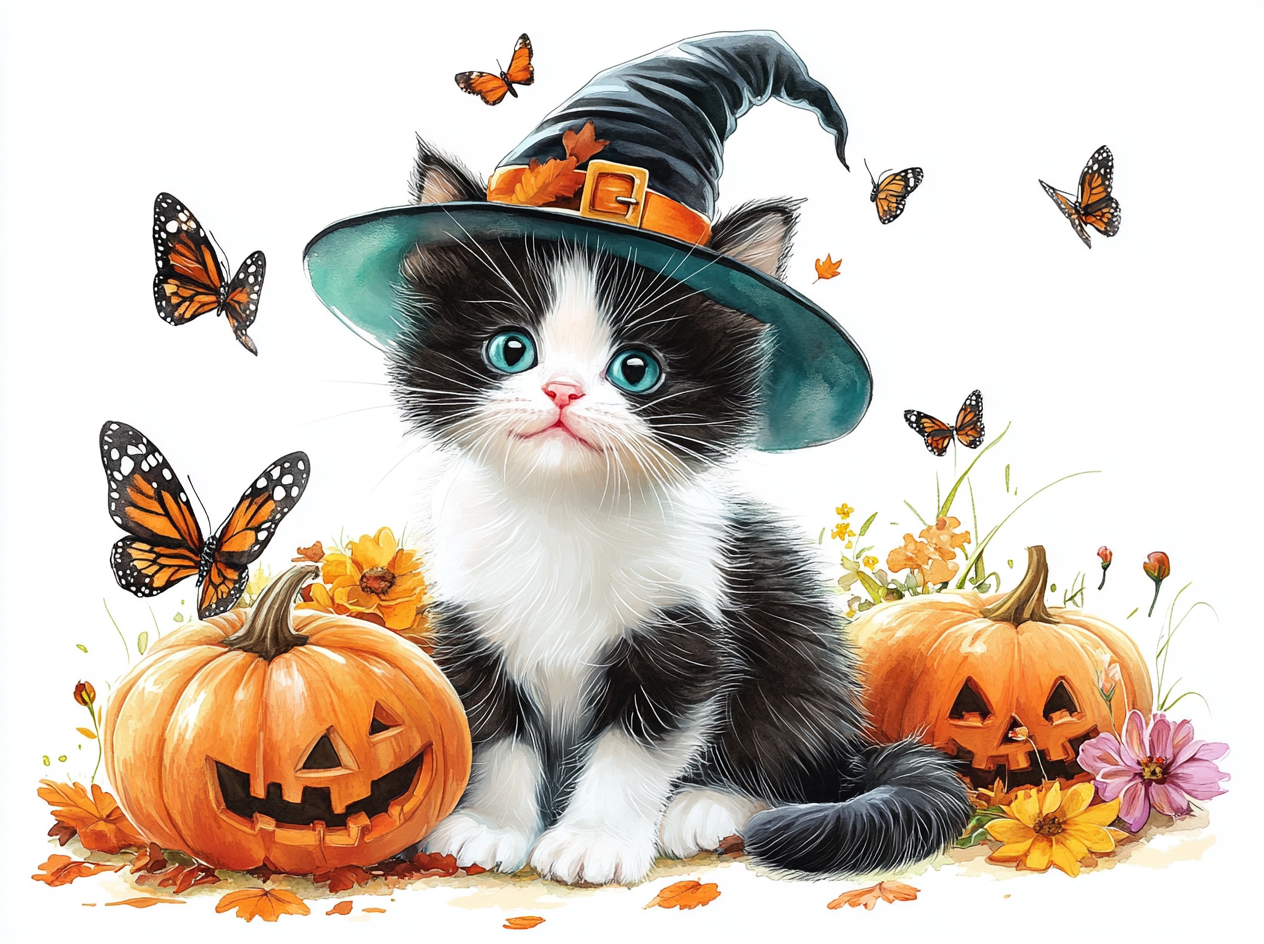 Halloween clipart of cute kitten in witch hat.