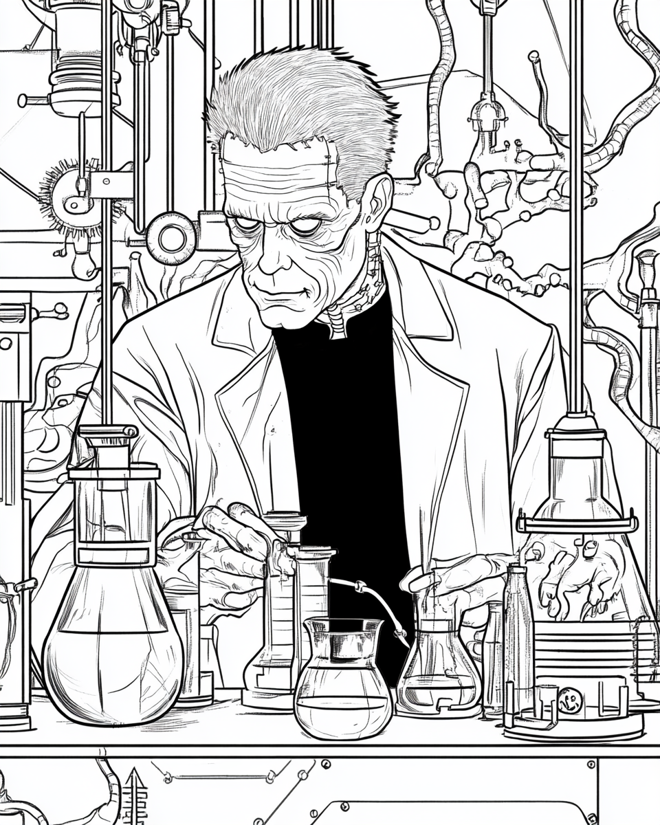 Halloween coloring page: Frankenstein in mad scientist's lab.