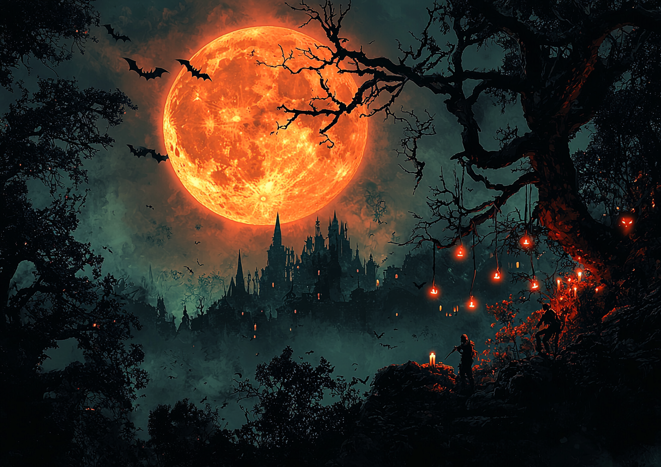 Halloween night with moon, bats, zombies, candles.