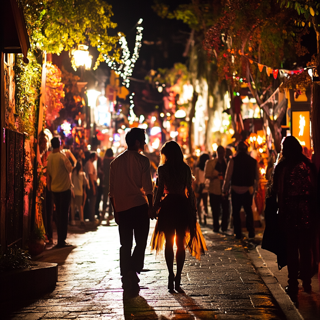 Halloween night: couple in costumes amid festive chaos