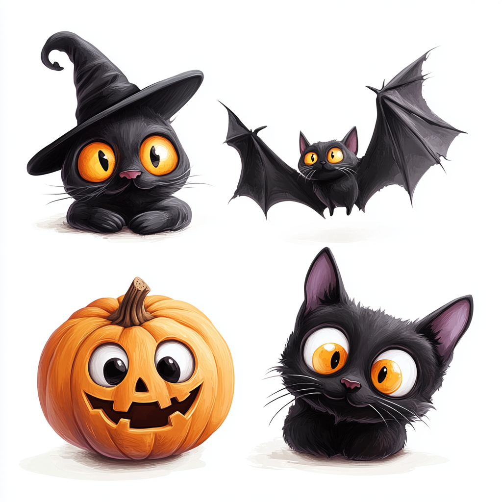 Halloween objects: pumpkin, cat, hat, bat, background.