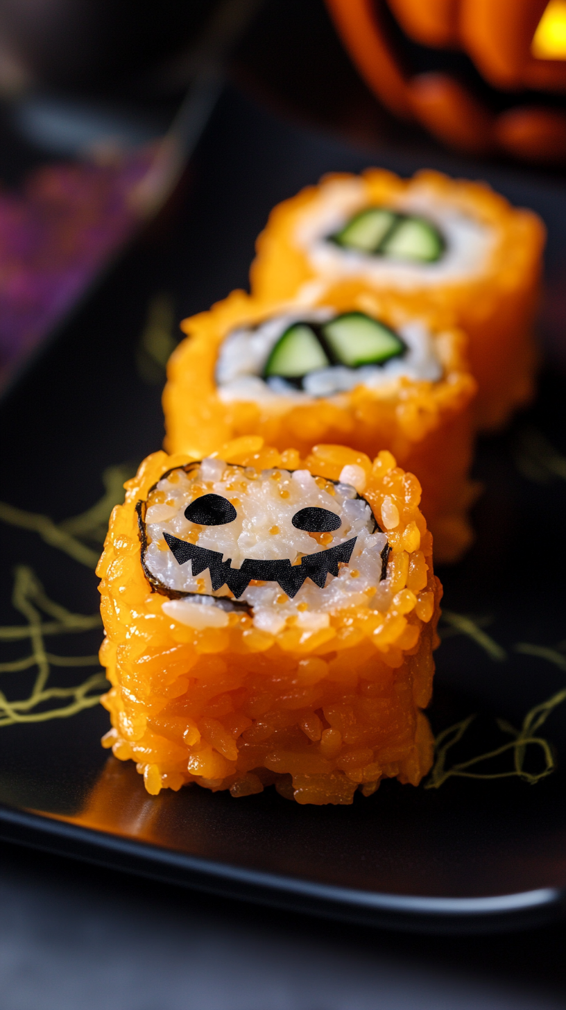 Halloween pumpkin sushi roll with spooky face.