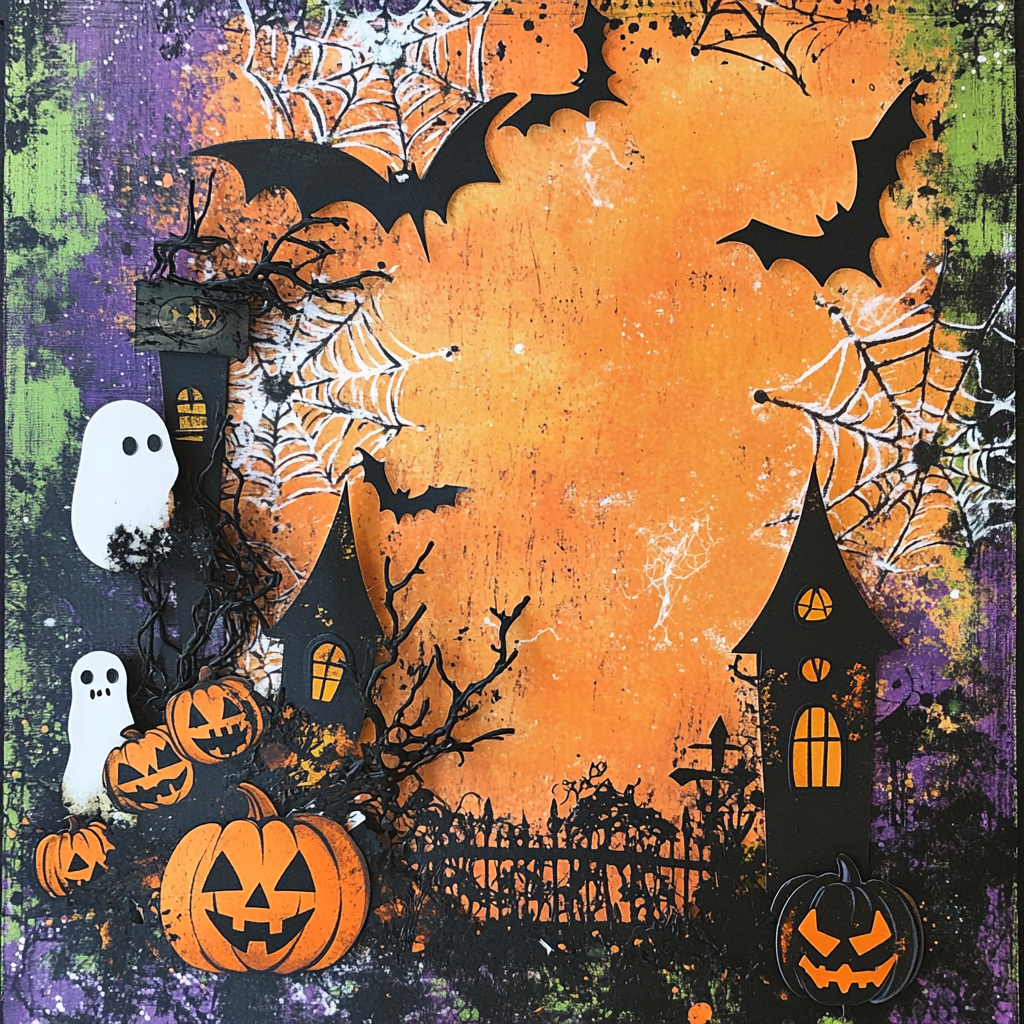 Halloween scrapbook with spooky elements and playful colors.