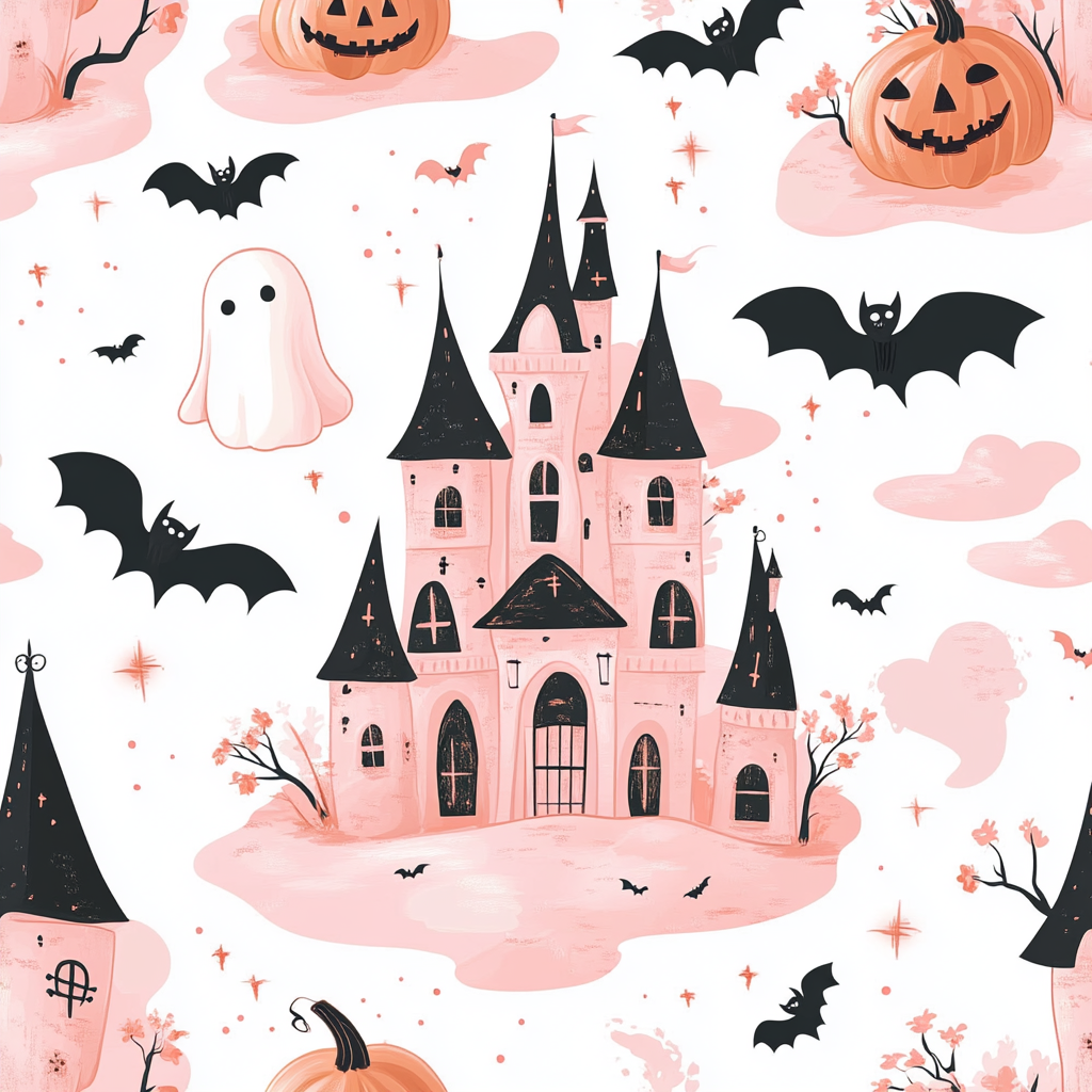 Halloween themed pastel pattern with bats, pumpkins & ghosts