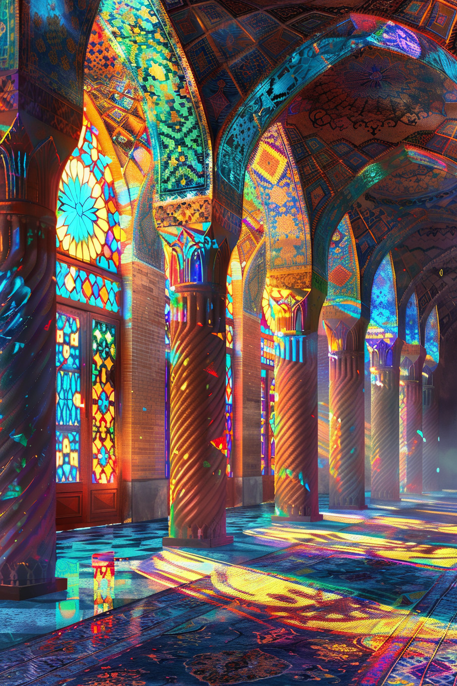 Hallway inside historical Iranian mosque with colorful stained-glass windows.