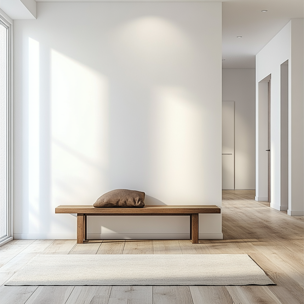 Hallway scene with large white wall, wooden bench, rug.