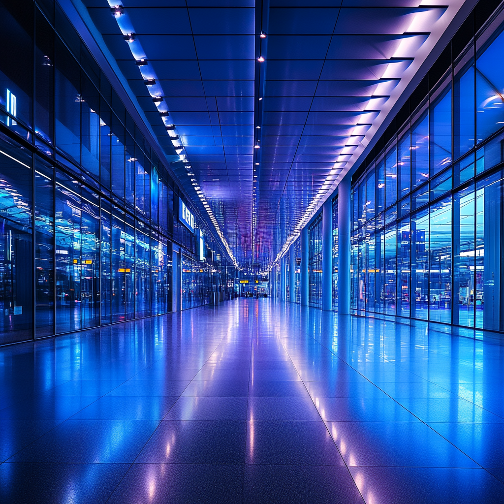 Hamburg Airport, neon lights reflect on shiny architecture.