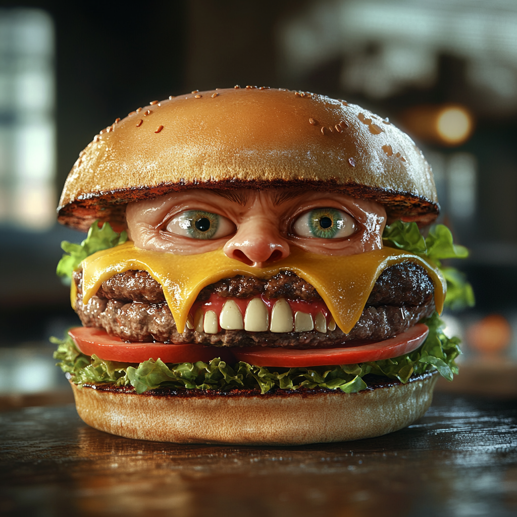 Hamburger with human face depicted in realistic setting.