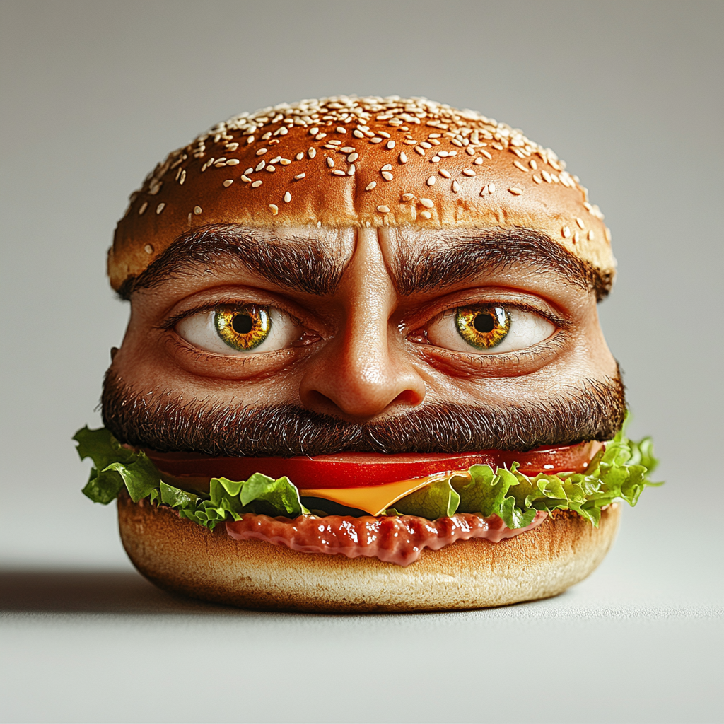 Hamburger with human face featuring expressive eyes.