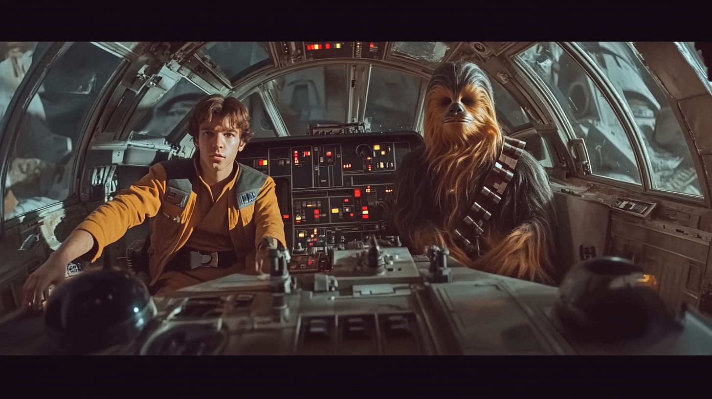 Han Solo and Chewbacca in Millennium Falcon cockpit