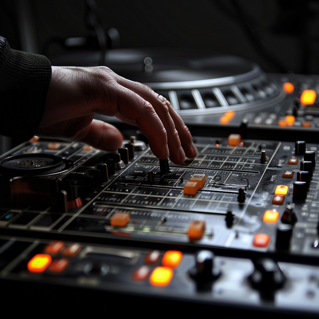 Hand adjusting 70s drum machine on black background