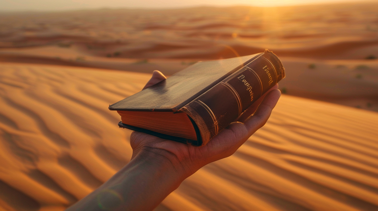 Hand balancing book, desert background, surreal lighting, cinematic tones.