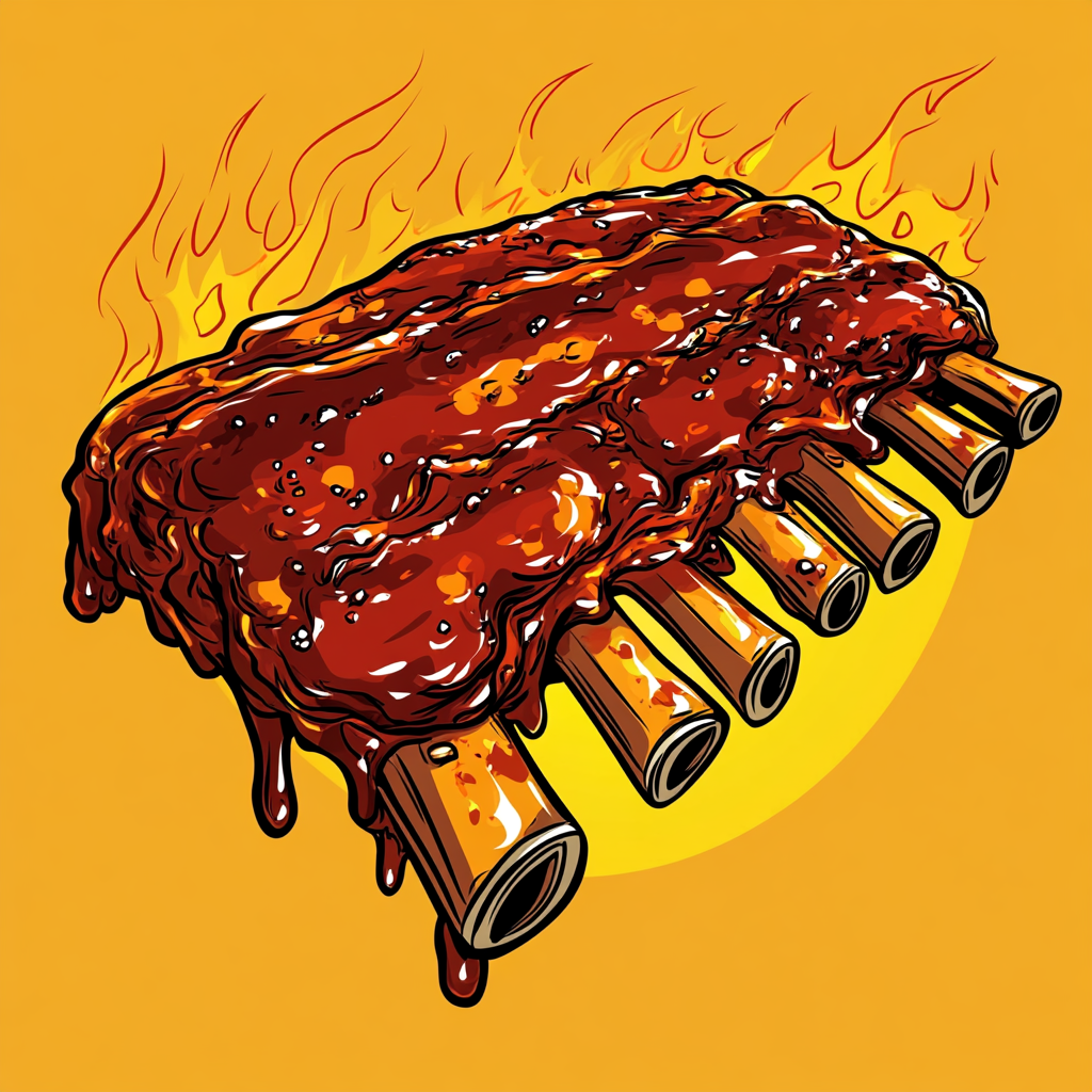 Hand drawn BBQ ribs with sauce, fire, and flames.