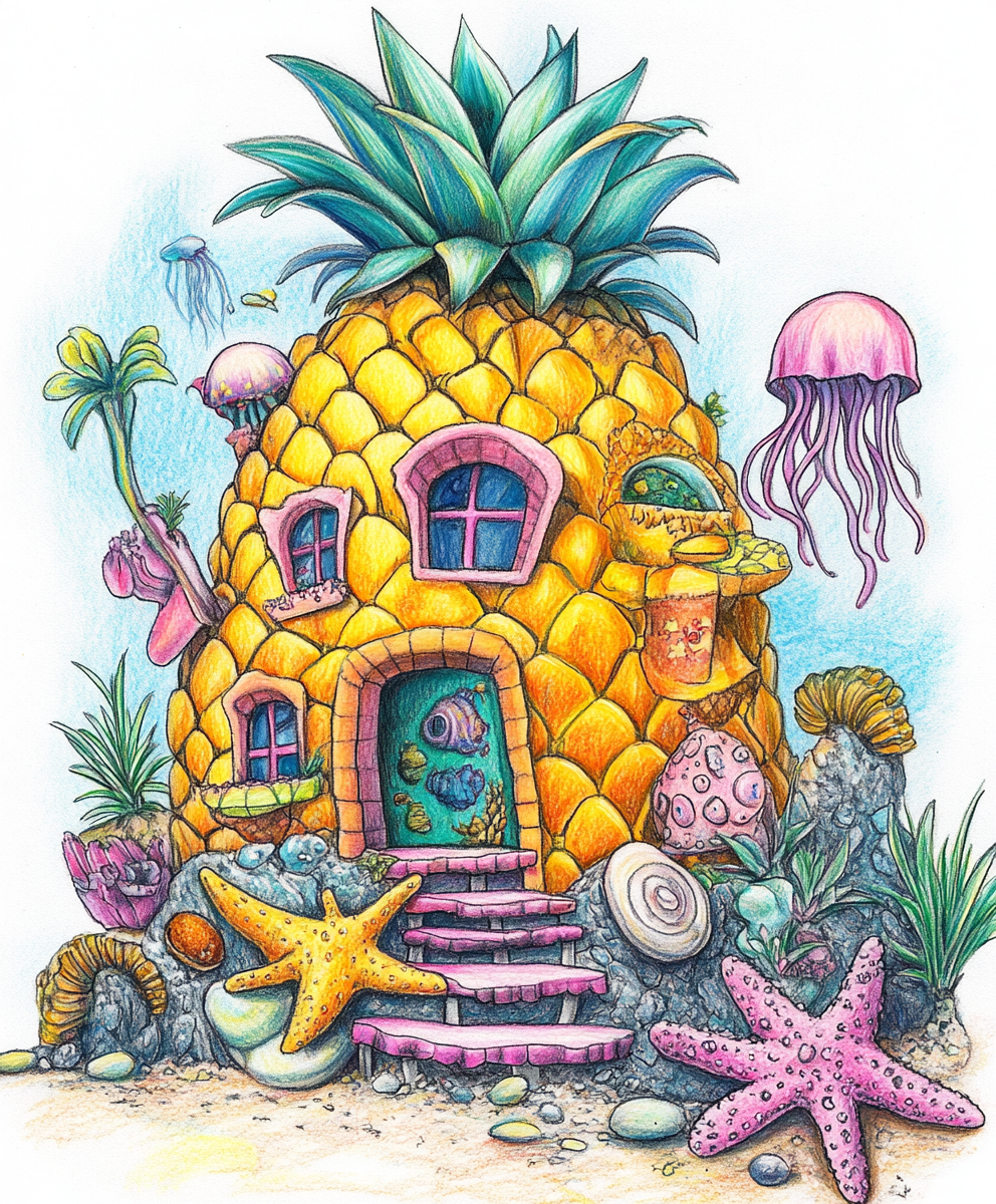 Hand-drawn Spongebob pineapple house in colorful Nickelodeon style.