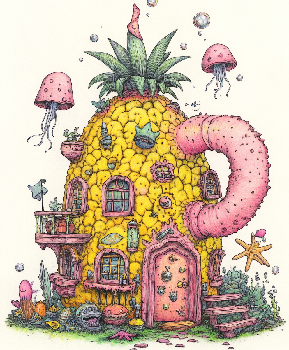 Hand-drawn Spongebob pineapple house with colorful characters.