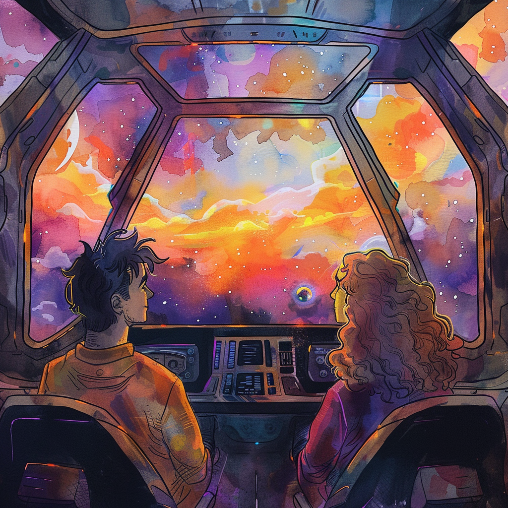 Hand-drawn Watercolour Space Sunset with Lego Couple