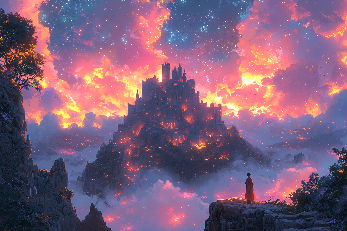 Hand-drawn anime castle with vibrant colors and textures.