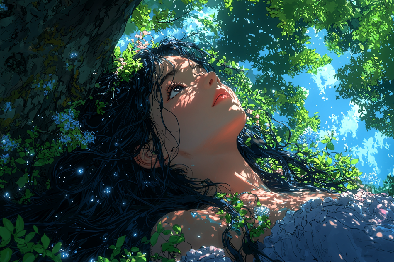 Hand-drawn anime techniques, girl daydreaming under beautiful tree.