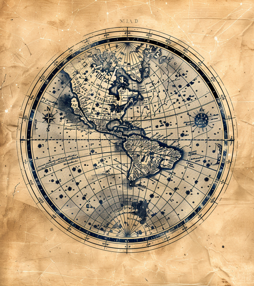 Hand-drawn circle world map with stars and symbols.