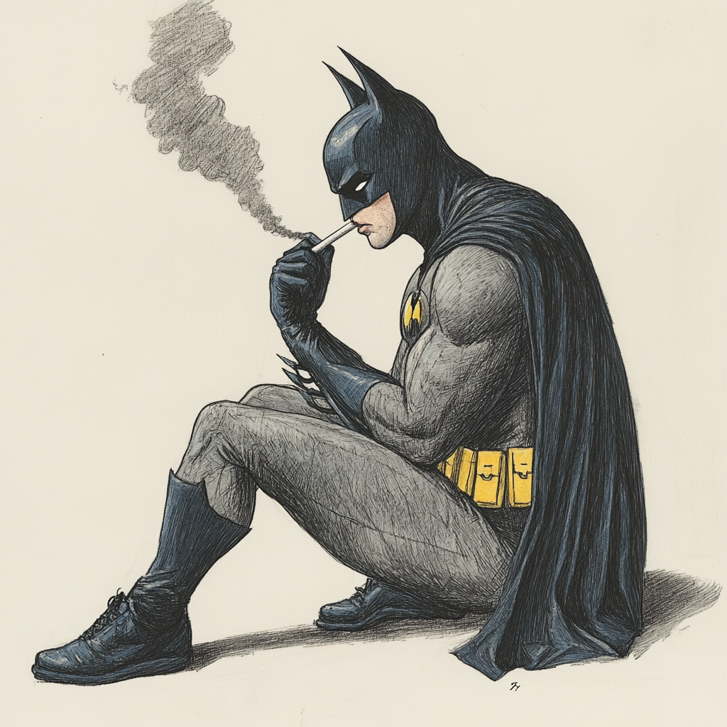 Hand drawn colored pencil Batman smoking, messy art.