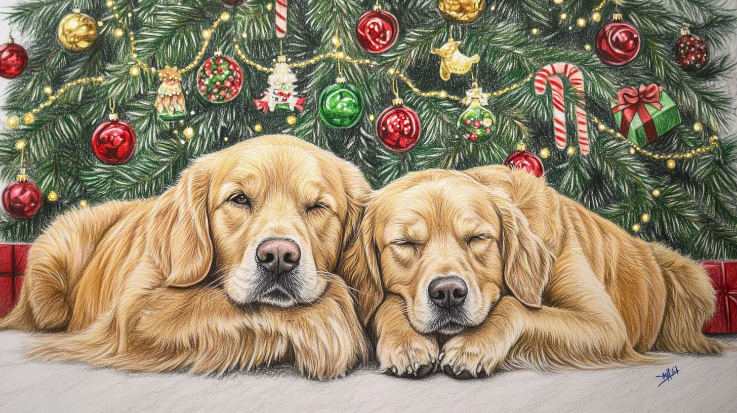 Hand drawn detailed picture of happy dogs at Christmas.