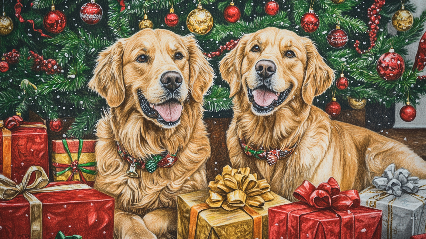 Hand-drawn detailed picture of two happy golden retrievers.