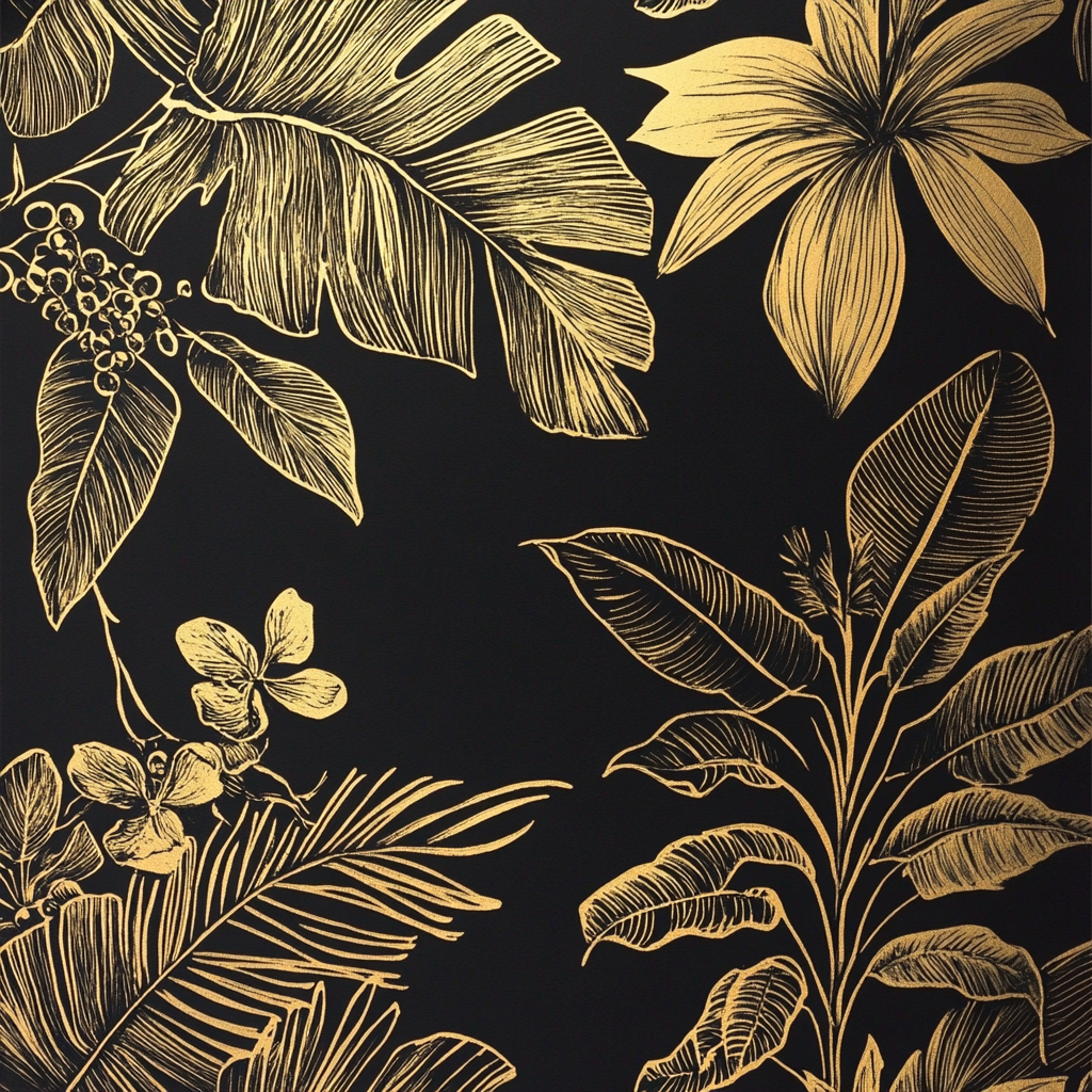 Hand-drawn gold on black wallpaper with tropical plants.