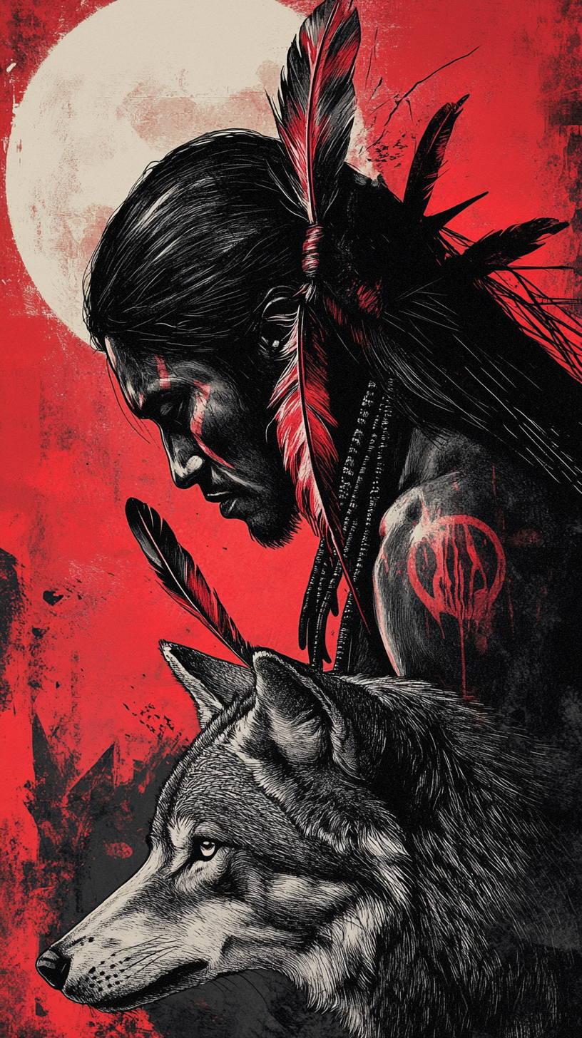 Hand drawn image of native Brazilian man with wolf.